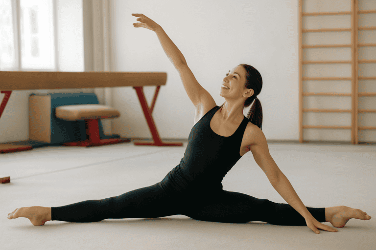 Woman performing a split stretch in a gymnasium, demonstrating flexibility and strength for adult gymnastics classes in Singapore.