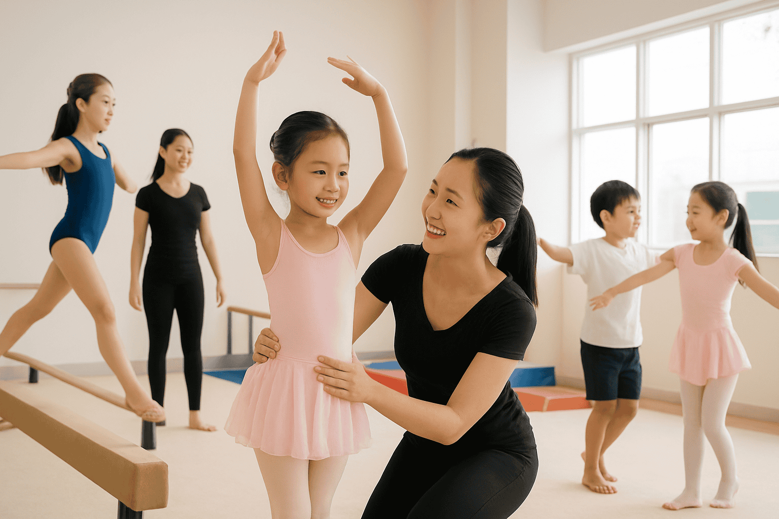 Young girls practicing ballet and gymnastics in a bright, spacious studio with an instructor guiding them during a community event.