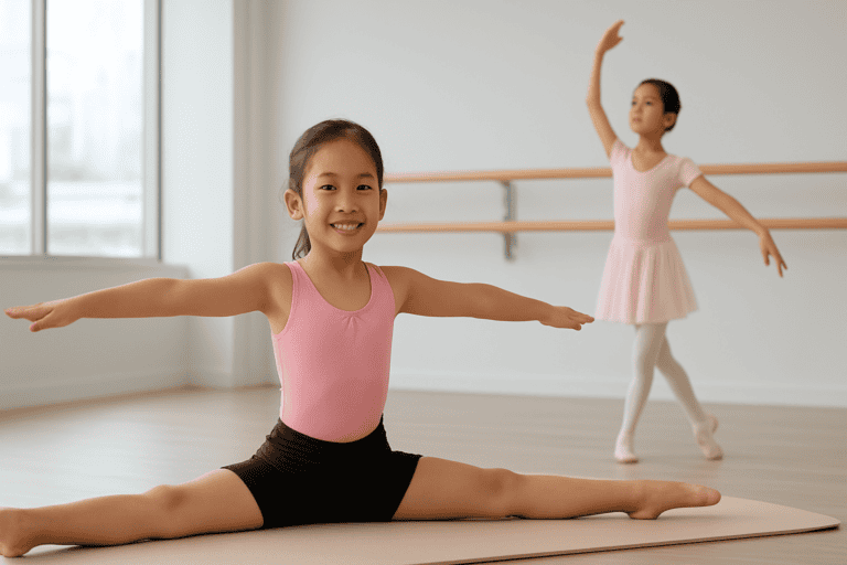 An image of two young girls practicing gymnastics and ballet in a bright, spacious studio with wooden ballet bars, showcasing their flexibility and grace during a class at Asia Gymnastics & Dance Acad.