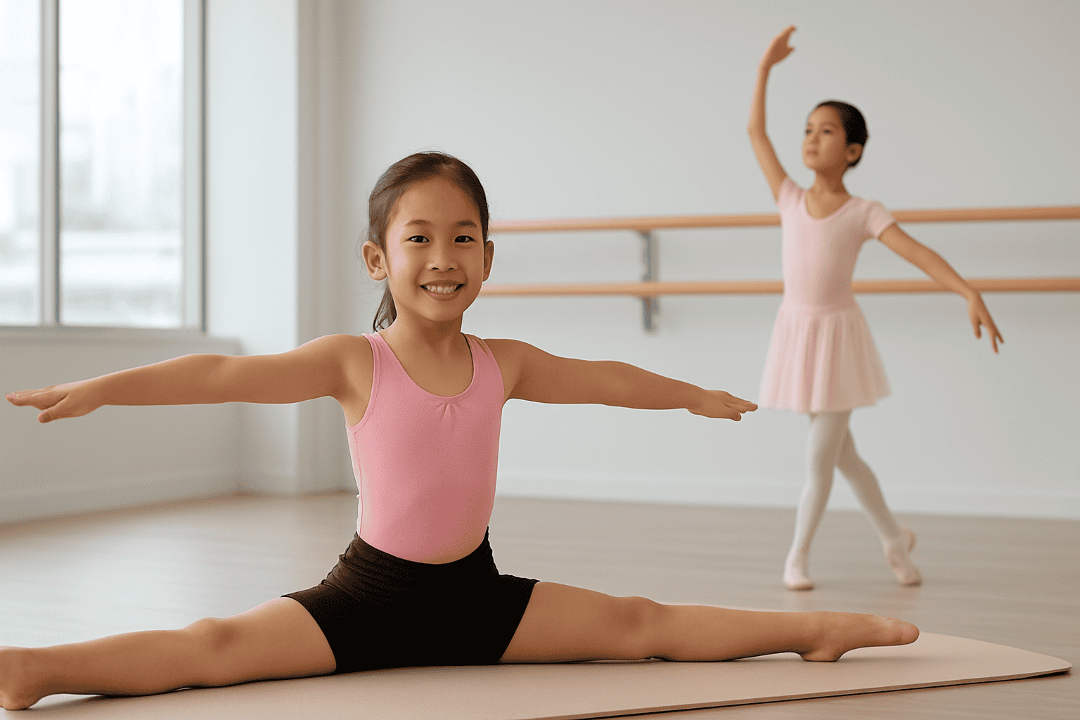 An image of two young girls practicing gymnastics and ballet in a bright, spacious studio with wooden ballet bars, showcasing their flexibility and grace during a class at Asia Gymnastics & Dance Acad.