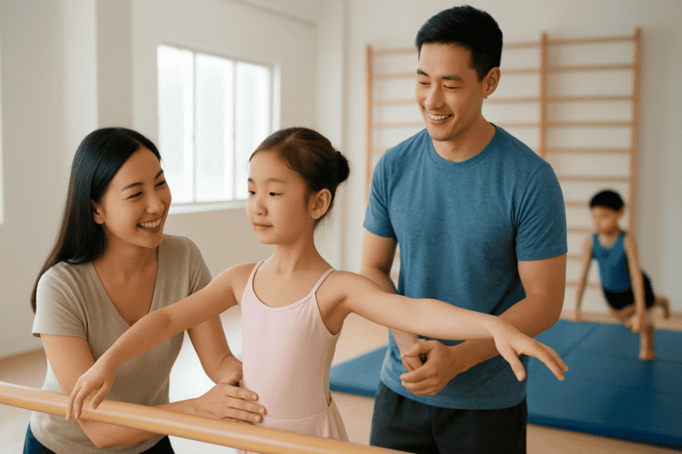 Young girl practicing ballet with her parents' encouragement in a bright gymnastics studio.