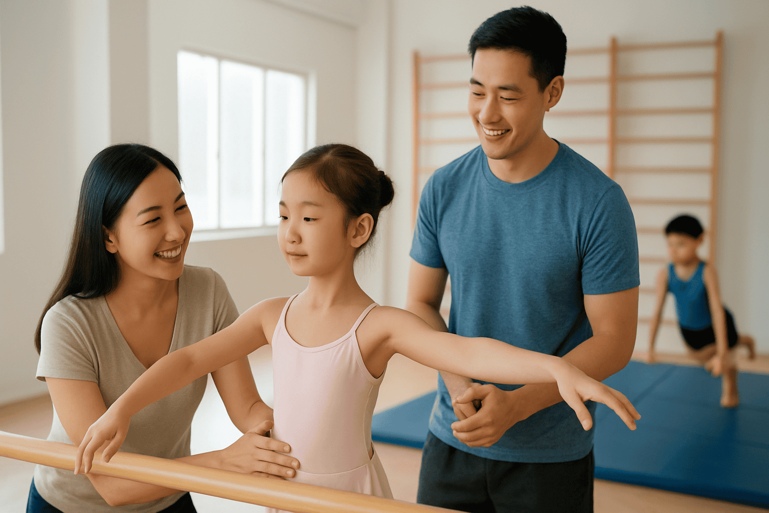 Young girl practicing ballet with her parents' encouragement in a bright gymnastics studio.