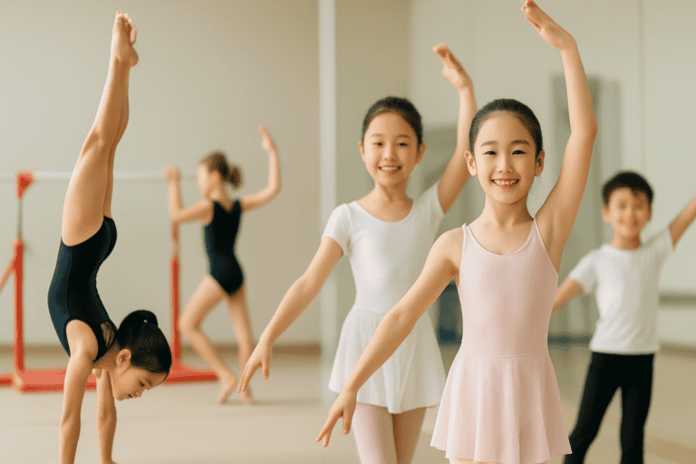Young girls practicing ballet and gymnastics at Asia Gymnastics & Dance Academy.