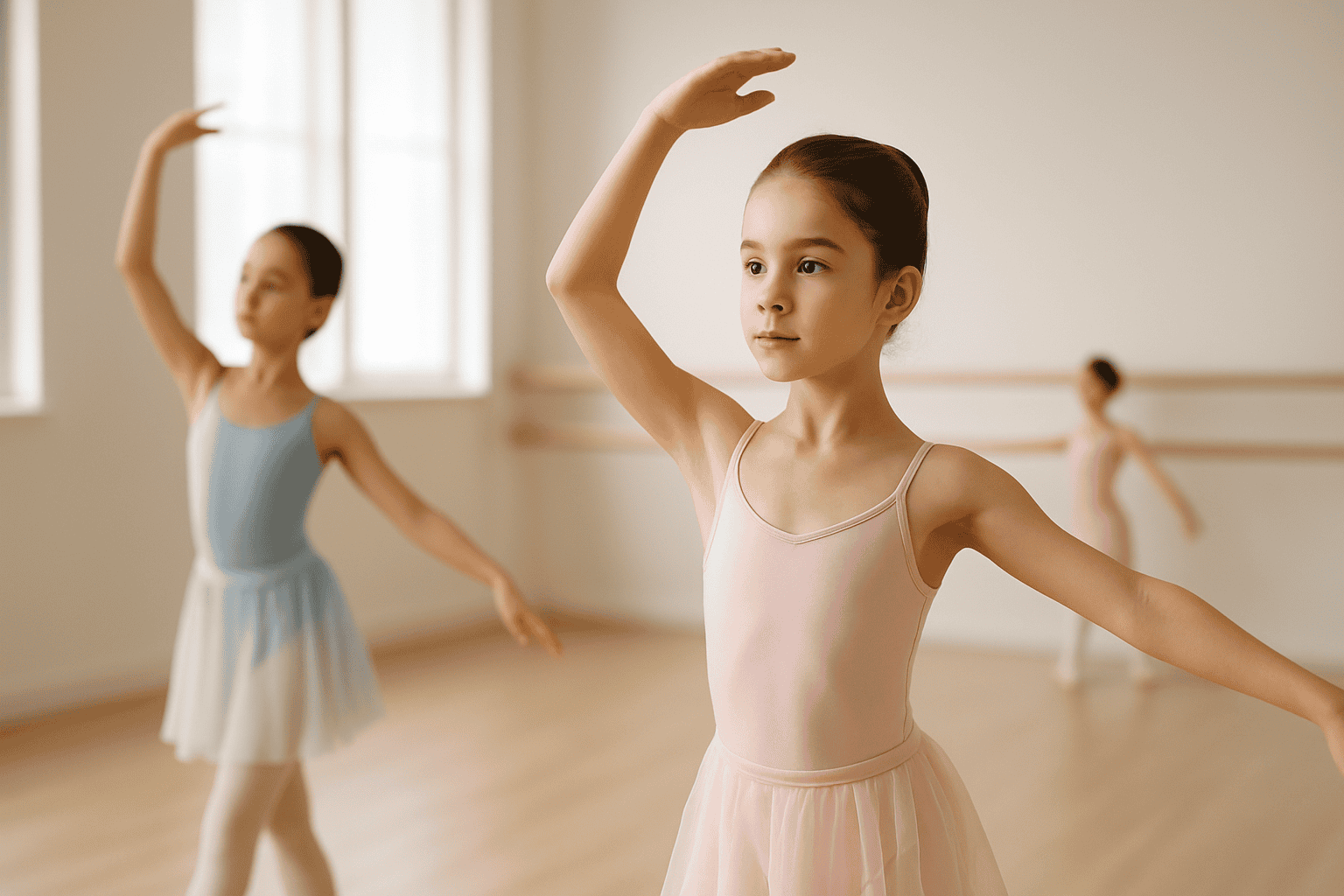 Young girls practicing ballet in a dance studio, developing grace and flexibility during a ballet class at Asia Gymnastics & Dance Academy.