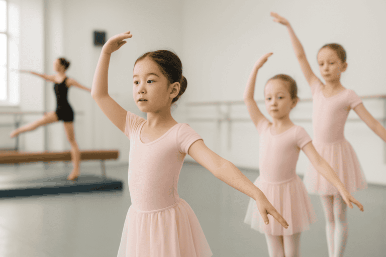 Young girls practicing ballet in a dance studio, wearing pink leotards and tutus, demonstrating grace and focus during ballet training.