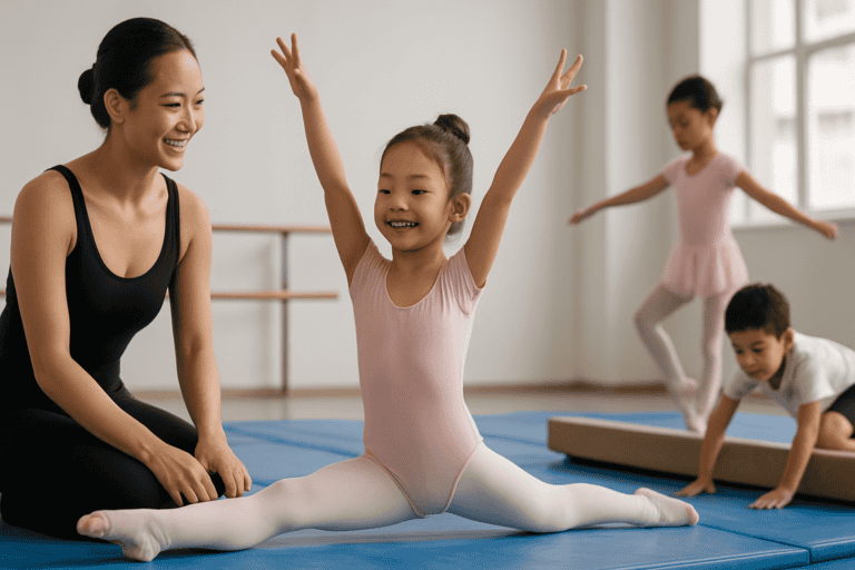 Young girl performing splits with instructor in dance studio.