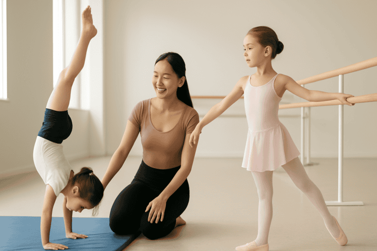 Young girl performing a handstand with instructor support, demonstrating flexibility and strength during a children's gymnastics and ballet class.