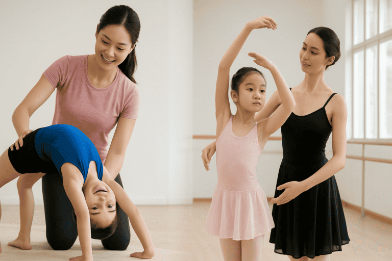 Young girl practicing ballet with instructor and mother in dance studio.