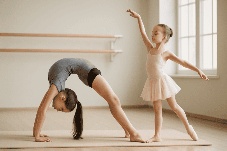 Young girl practicing yoga with an instructor in a dance studio, demonstrating flexibility and balance for kids' gymnastics and dance cross-training.