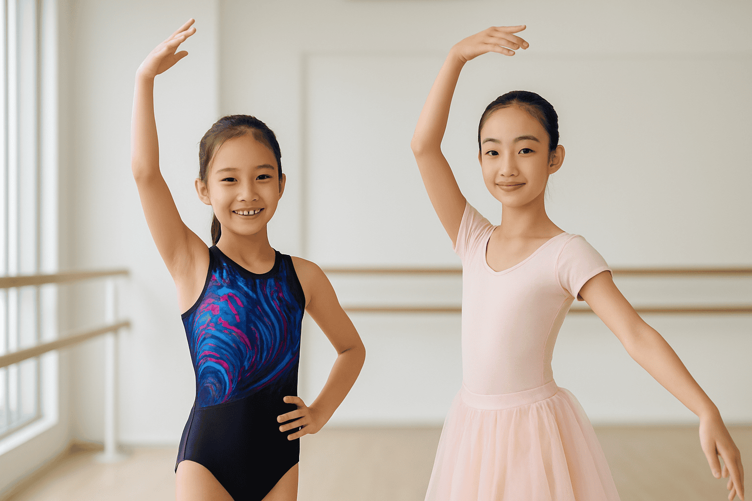Young girls performing ballet and gymnastics poses during a class at Asia Gymnastics & Dance Academy.