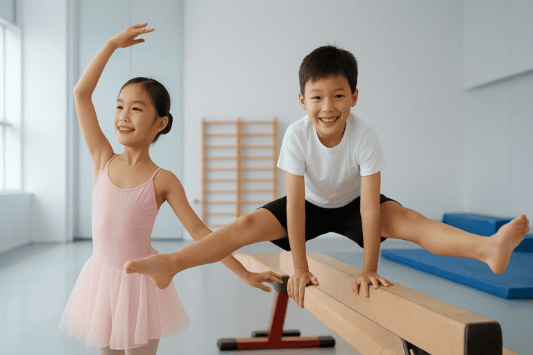 Young girl and boy practicing gymnastics and ballet in a bright, spacious studio, demonstrating flexibility and confidence.