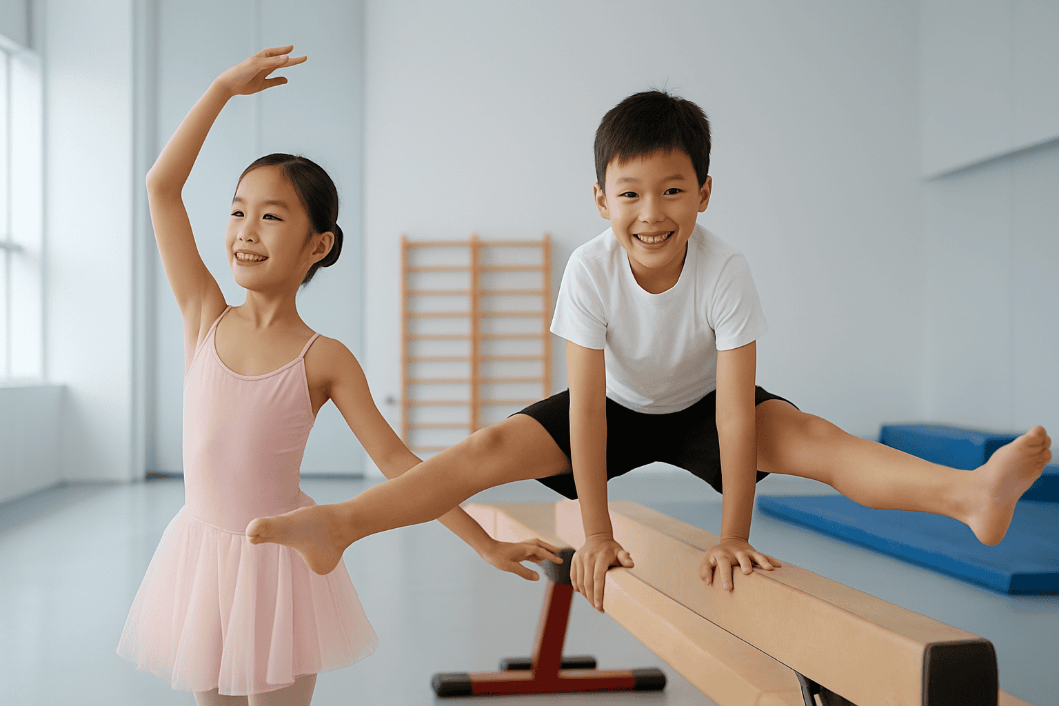Young girl and boy practicing gymnastics and ballet in a bright, spacious studio, demonstrating flexibility and confidence.