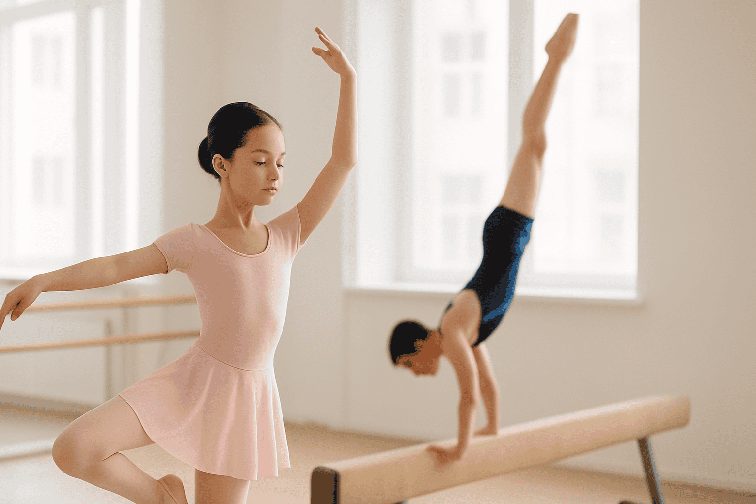 Young girl practicing ballet and gymnastics in a dance studio, demonstrating balance and flexibility with a gymnast performing a handstand on a balance beam.