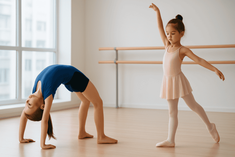 Young girl performing a backbend in a dance studio with another girl practicing ballet.
