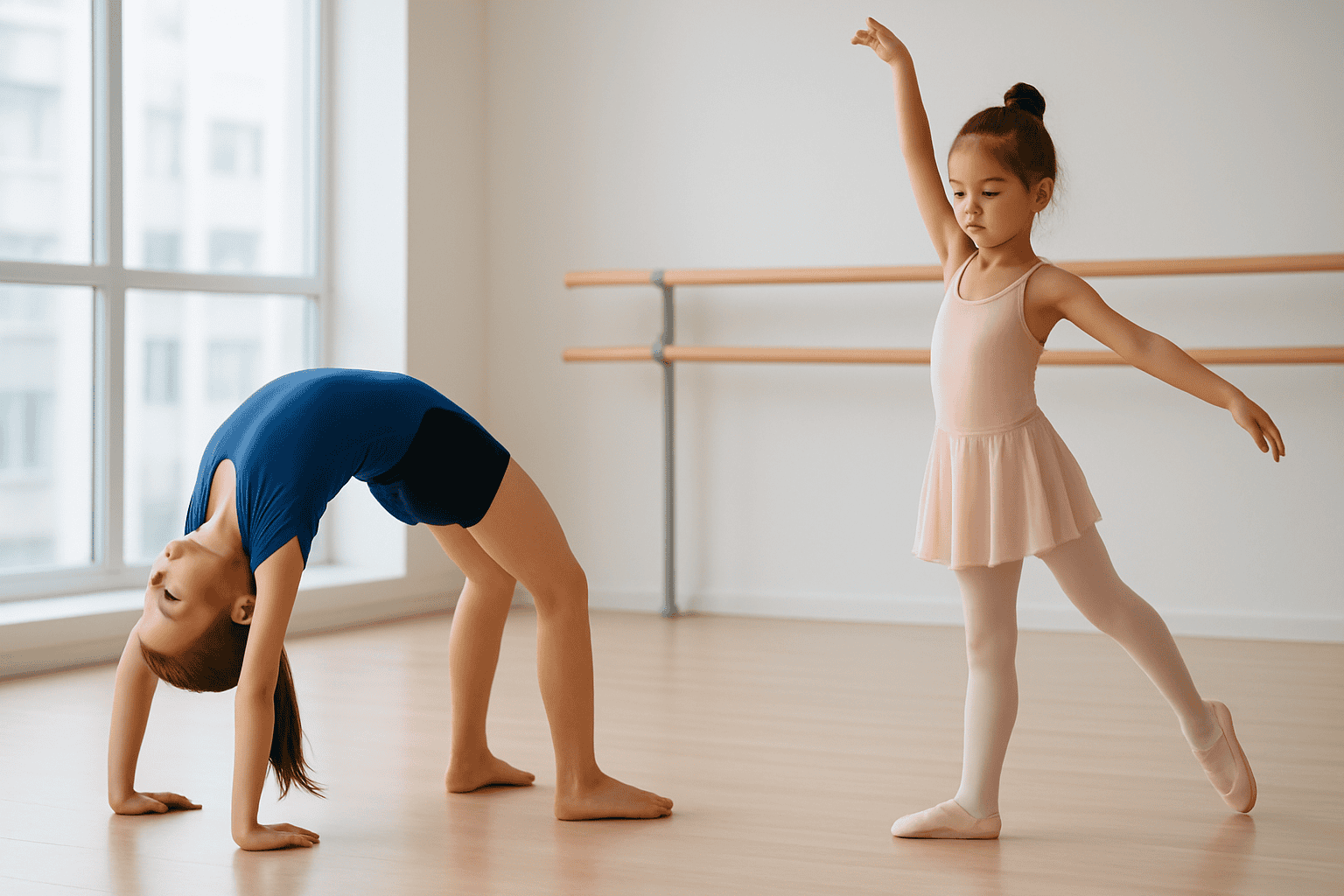 Young girl performing a backbend in a dance studio with another girl practicing ballet.