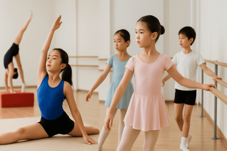 Young children practicing ballet and gymnastics in a dance studio during a class at Asia Gymnastics & Dance Academy.