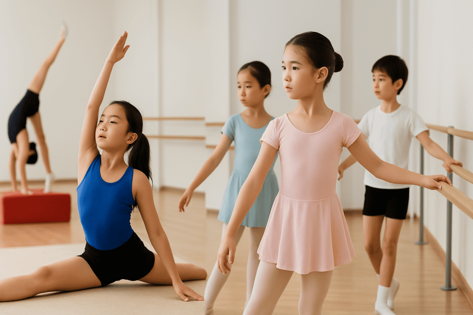 Young children practicing ballet and gymnastics in a dance studio during a class at Asia Gymnastics & Dance Academy.
