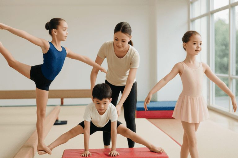 Young children practicing gymnastics with instructor in a bright studio.