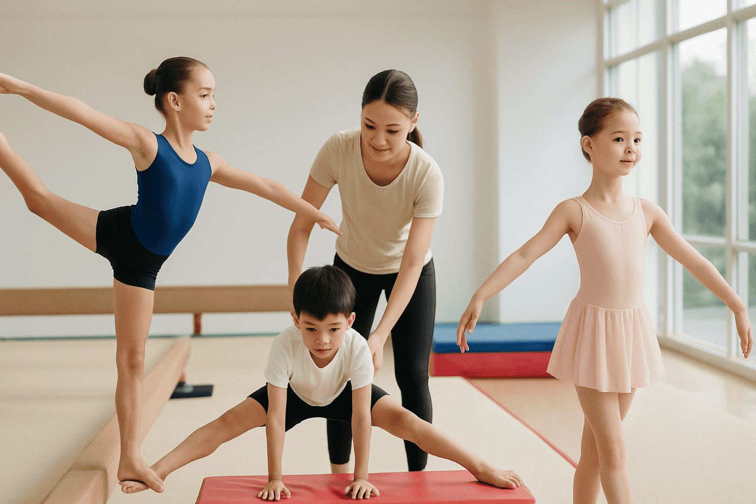 Young children practicing gymnastics with instructor in a bright studio.