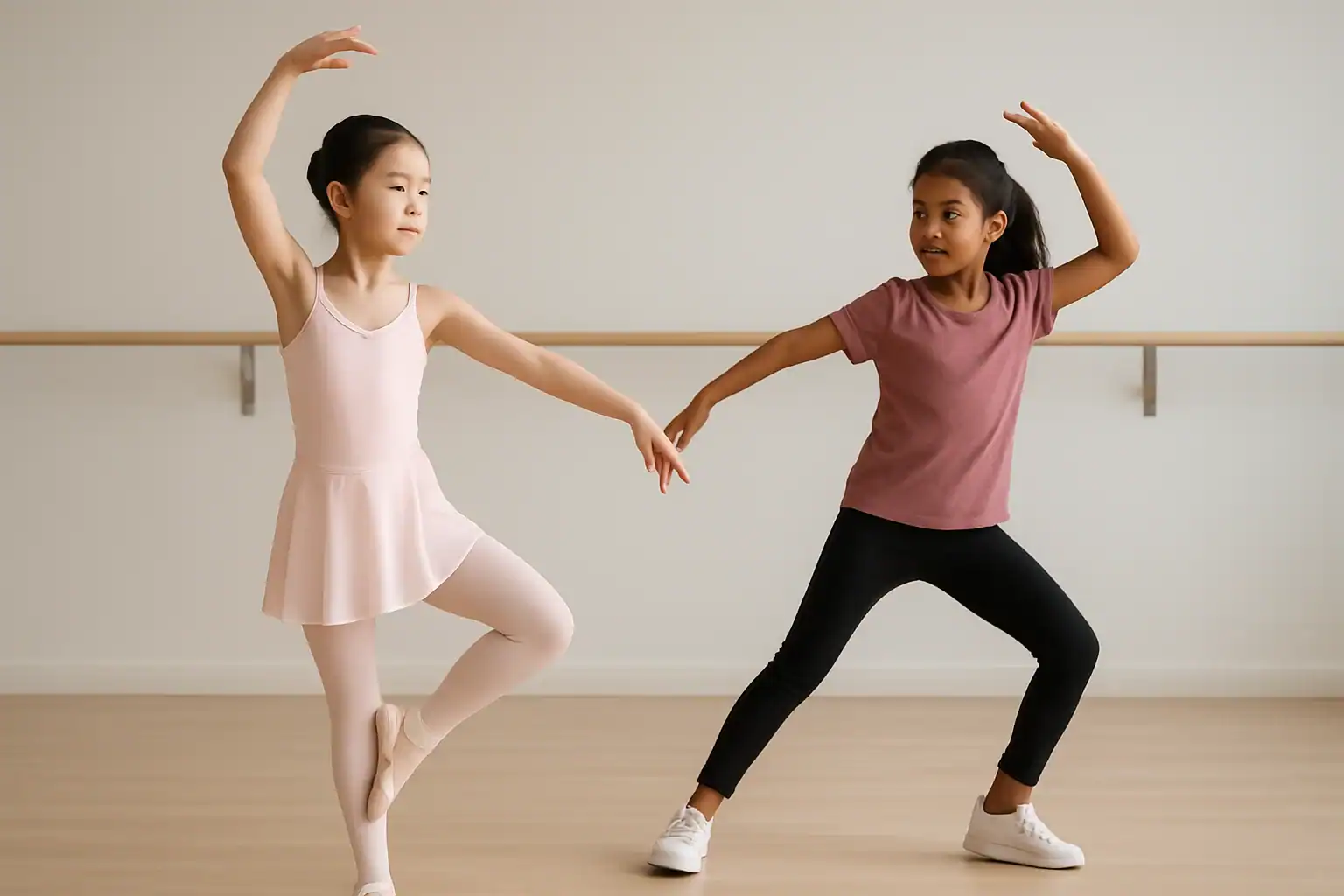 Children practicing ballet and hip hop in a dance studio, showcasing the contrast between the two styles.
