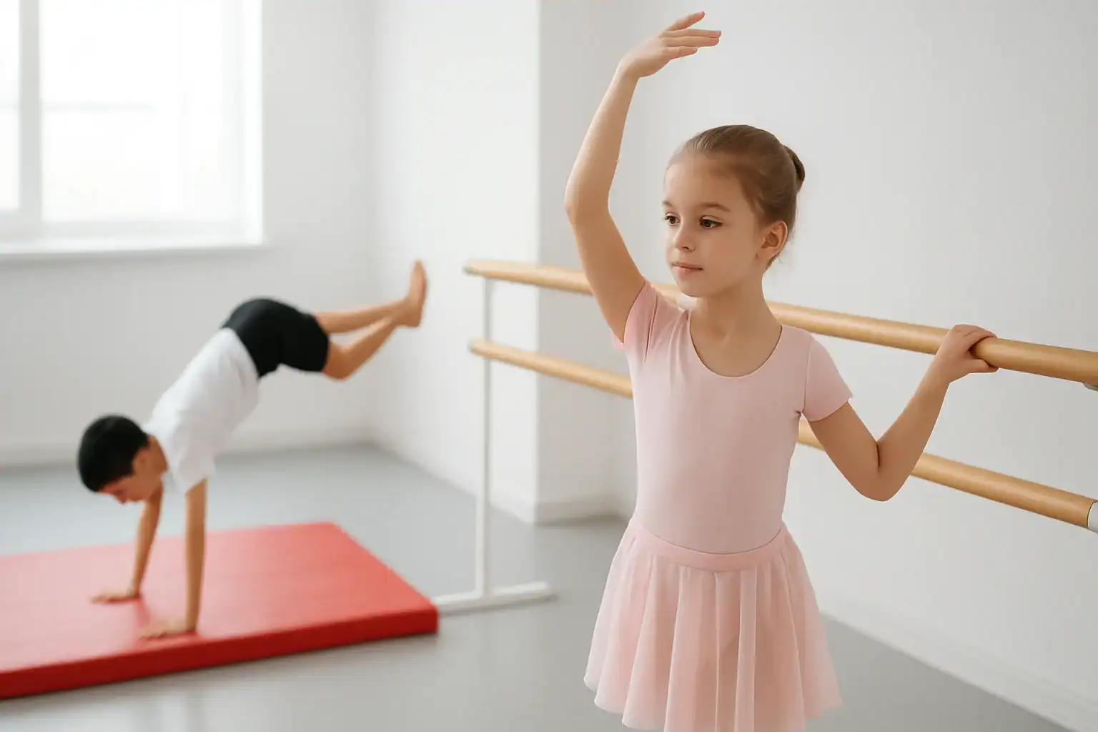 Child in ballet attire practicing a pose, with a focus on joy and movement in a studio setting
