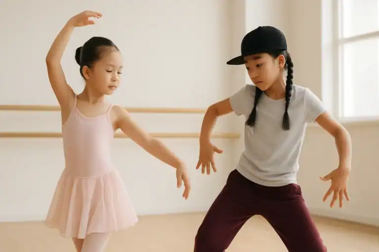 Children practicing ballet and hip hop in a dance studio, showcasing the contrast between the two styles
