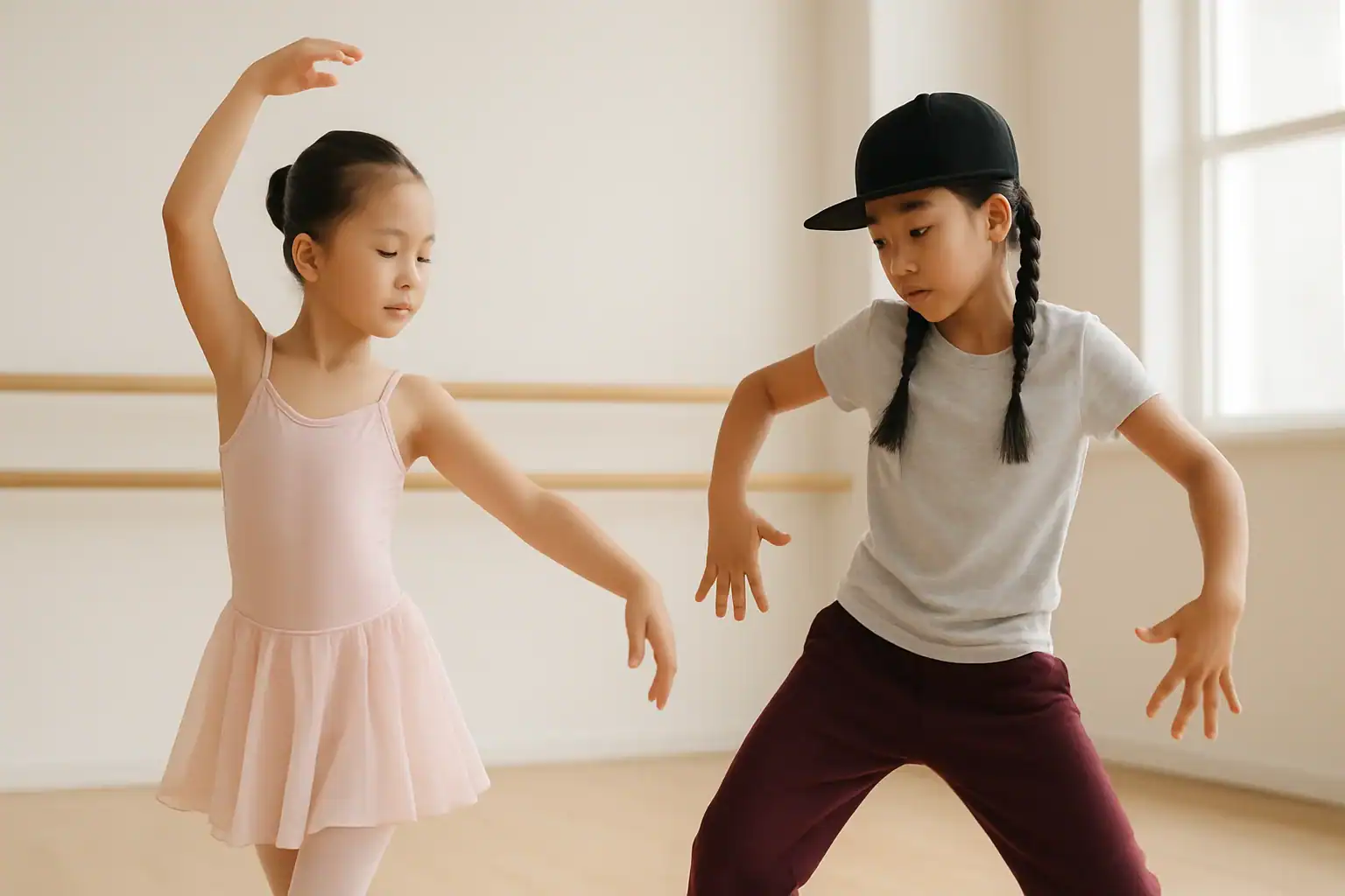 Children practicing ballet and hip hop in a dance studio, showcasing the contrast between the two styles
