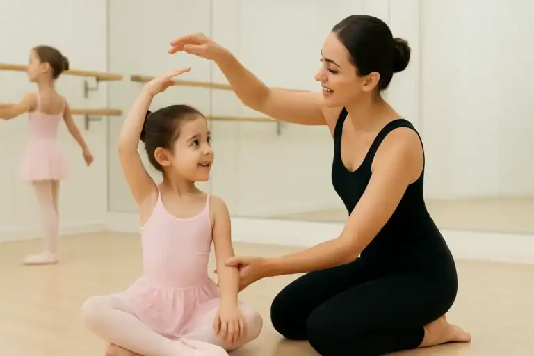 Child performing ballet in a studio, showcasing the Fairytale Ballet Foundation Level program at AGDA in Singapore