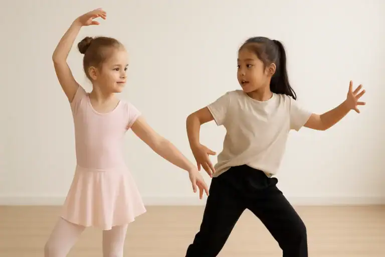 A split image showing kids in ballet attire on one side and hip hop gear on the other, representing dance styles.