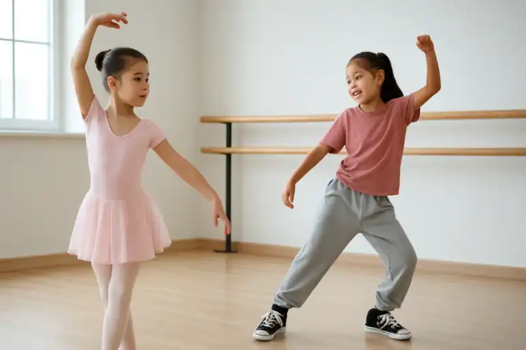 Kids in ballet and hip hop poses, illustrating the comparison between the two dance styles for beginners
