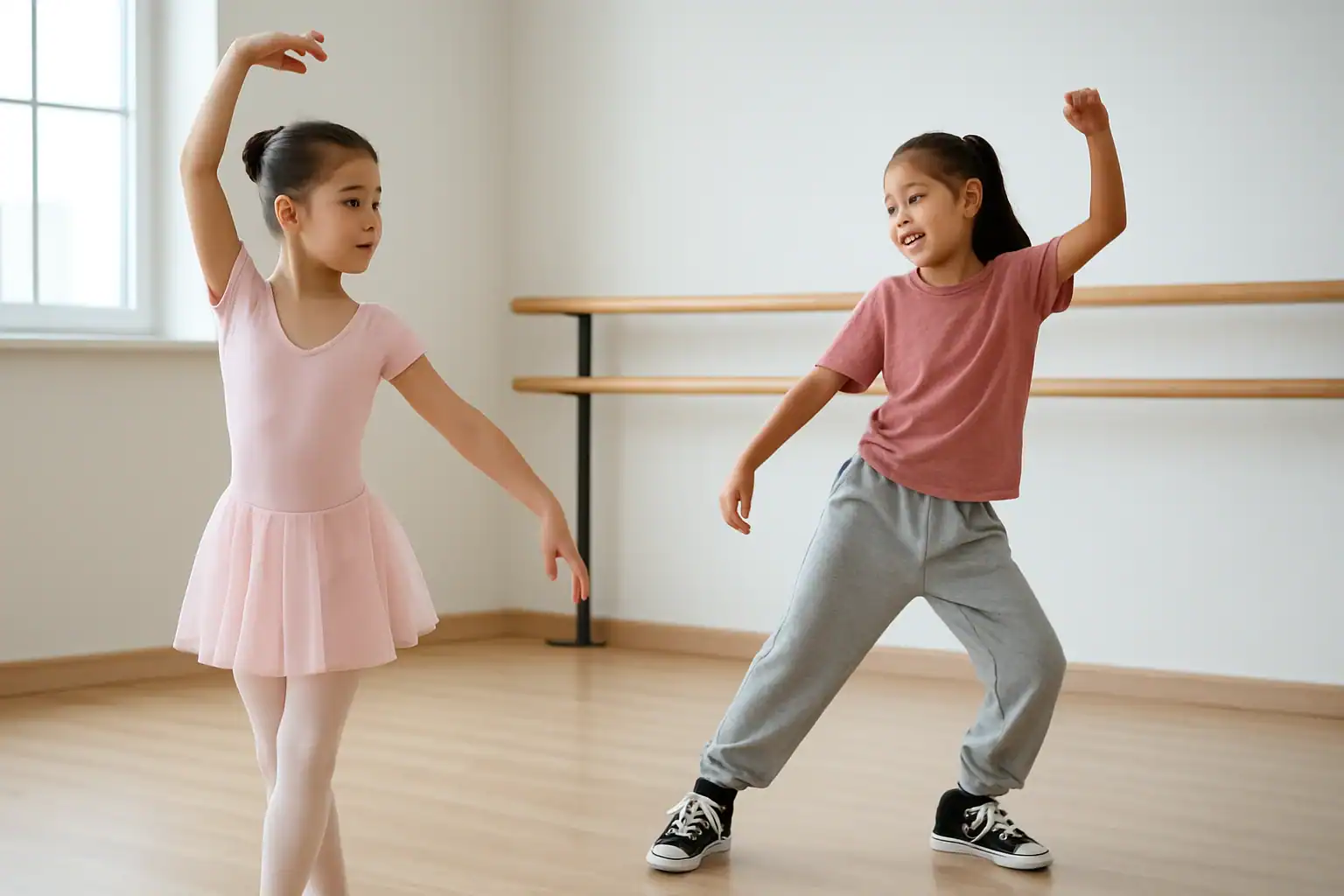 Kids in ballet and hip hop poses, illustrating the comparison between the two dance styles for beginners