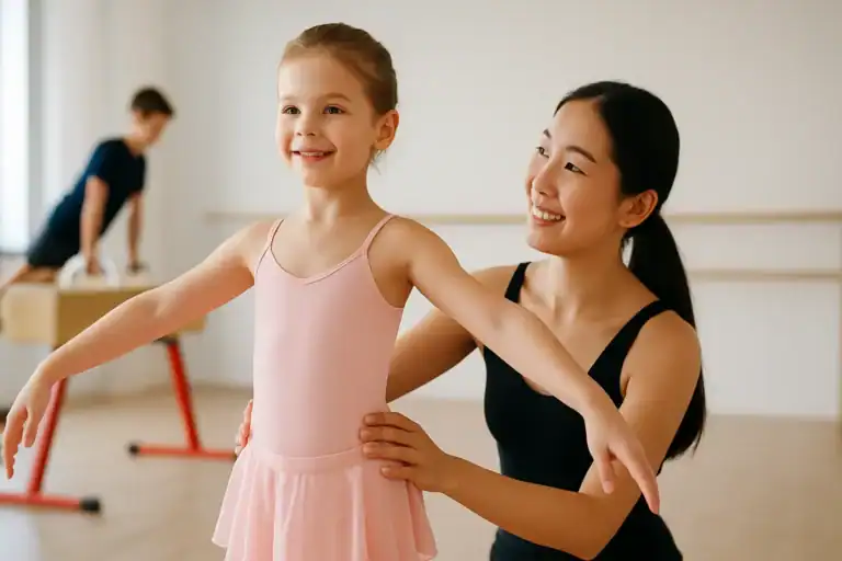 Child practicing ballet with a focus on posture and confidence in a bright dance studio at AGDA in Singapore