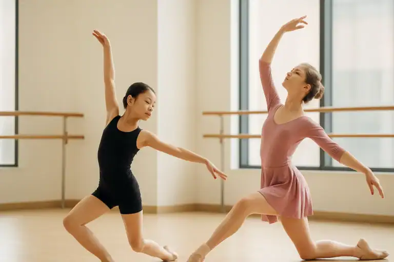 Students expressing creativity through contemporary dance in a vibrant studio setting at AGDA