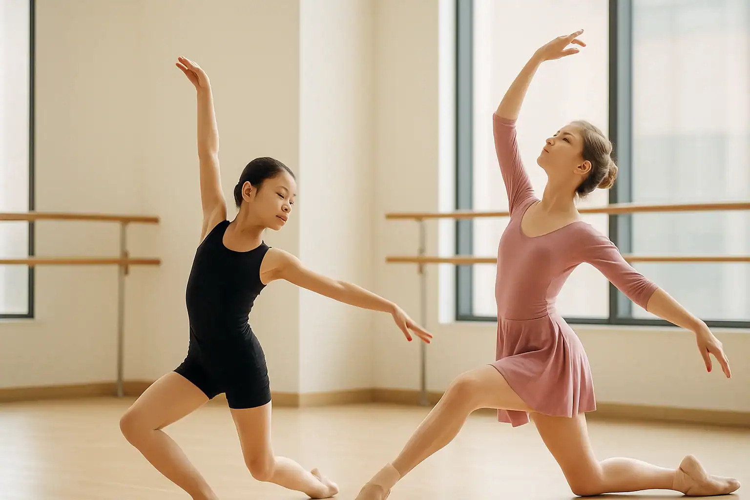 Students expressing creativity through contemporary dance in a vibrant studio setting at AGDA