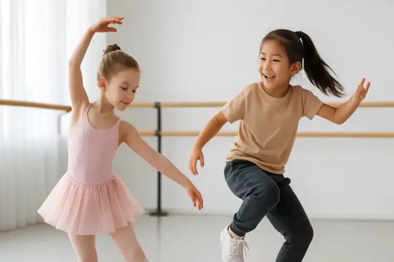 Children practicing ballet and hip hop in a dance studio, showcasing the contrast between the two styles.
