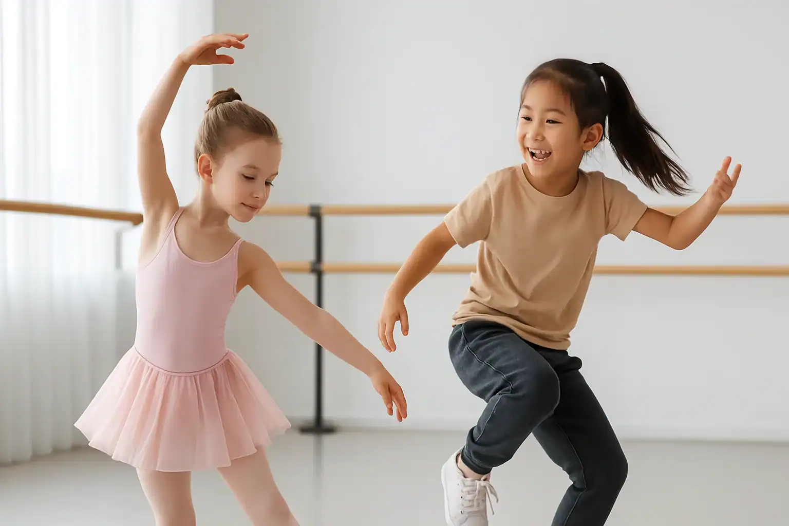 Children practicing ballet and hip hop in a dance studio, showcasing the contrast between the two styles.