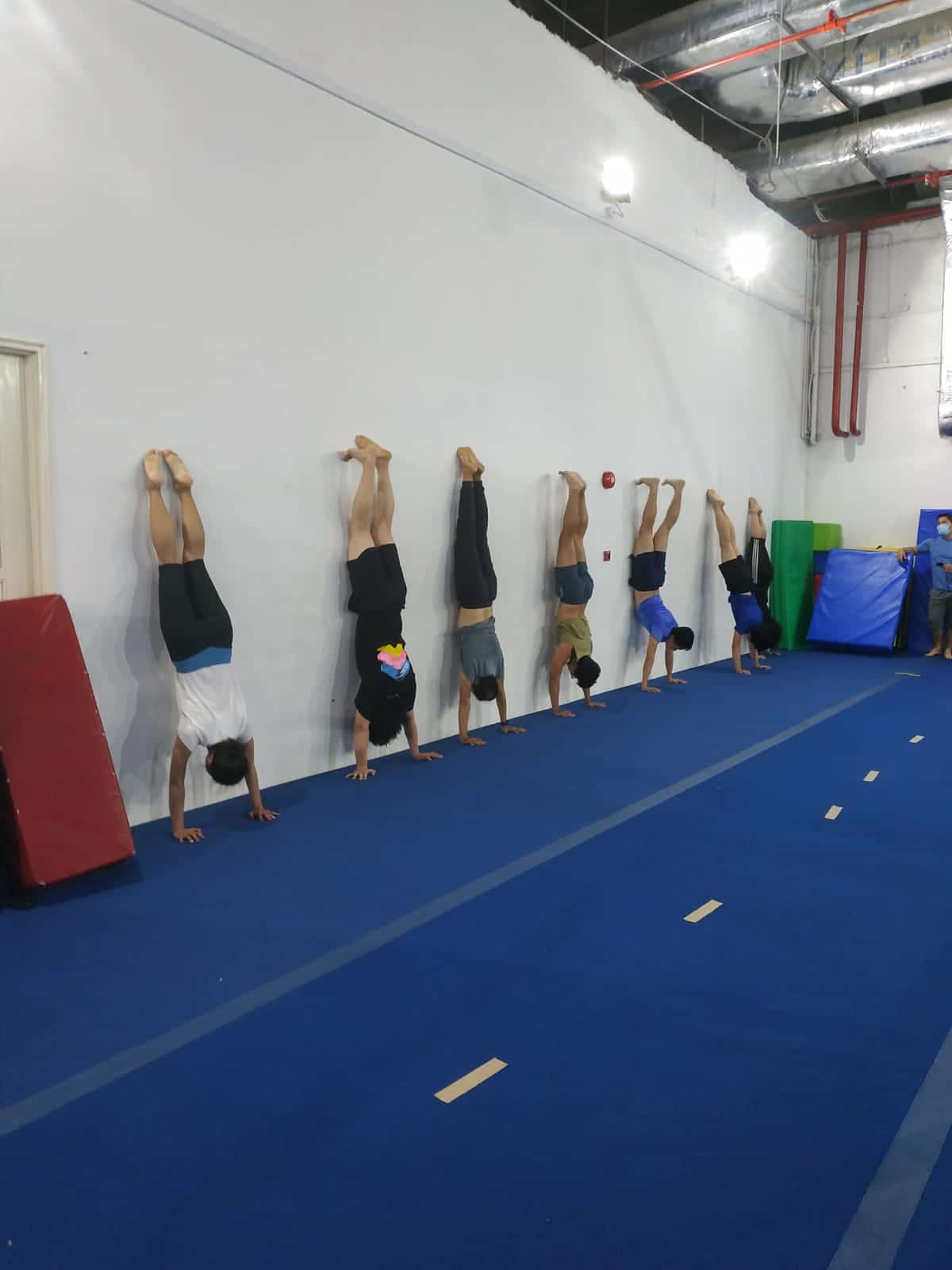 Children performing handstands against a wall during gymnastics class at Asia Gymnastics & Dance Academy.