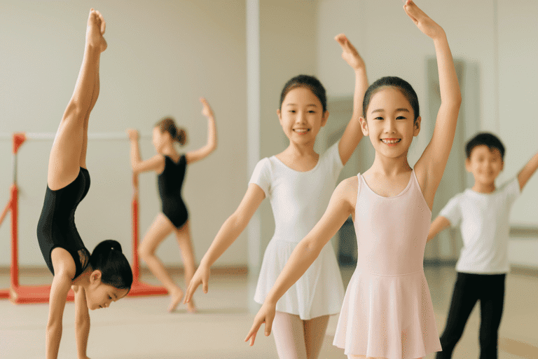 Young girls practicing ballet and gymnastics at Asia Gymnastics & Dance Academy.