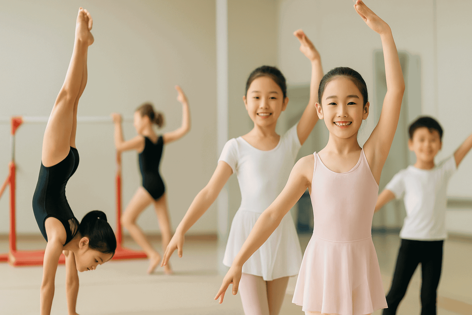 Young girls practicing ballet and gymnastics at Asia Gymnastics & Dance Academy.