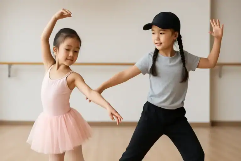 Children practicing ballet and hip hop in a studio, showcasing the contrast between the two dance styles.