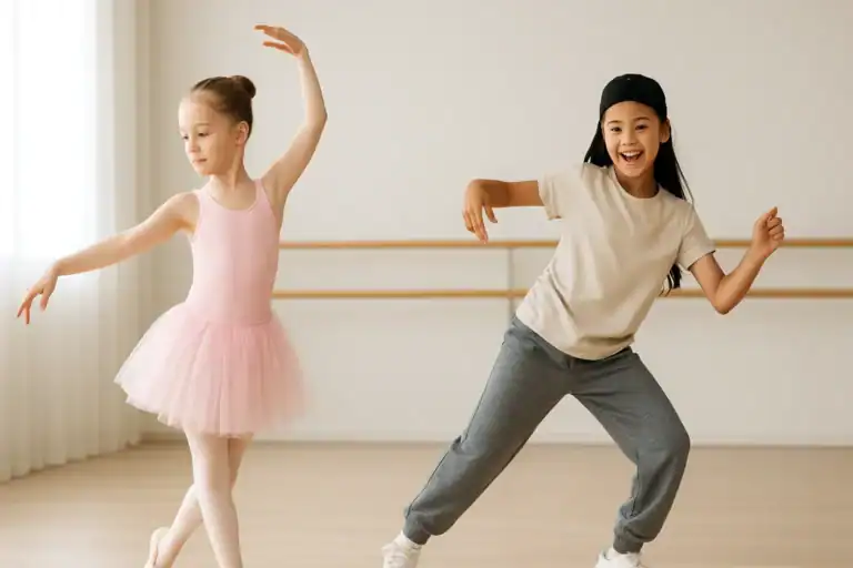 Children practicing ballet and hip hop in a dance studio, showcasing the contrast between the two styles.