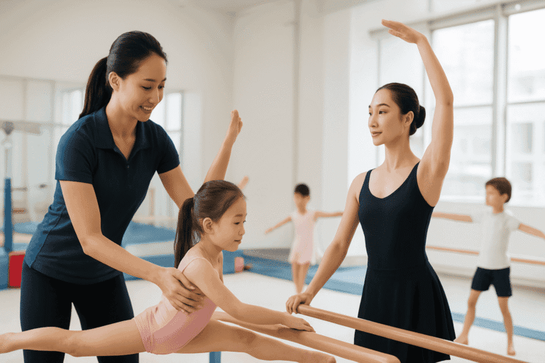 Young girl practicing ballet with coach assisting, in a bright dance studio with other children in the background.