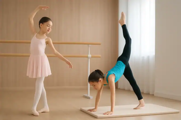 Child practicing ballet with a focus on posture and confidence in a bright dance studio at AGDA