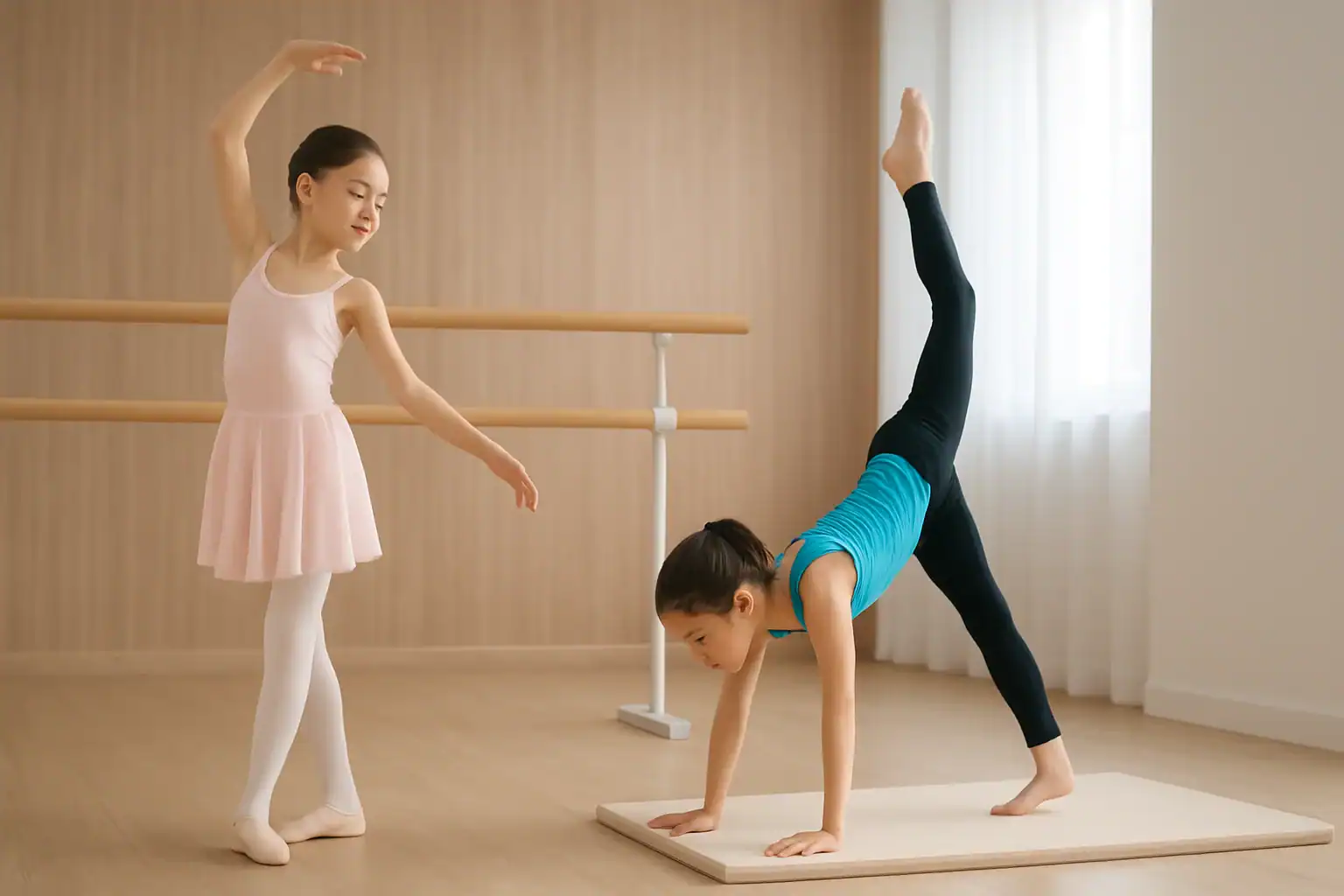 Child practicing ballet with a focus on posture and confidence in a bright dance studio at AGDA