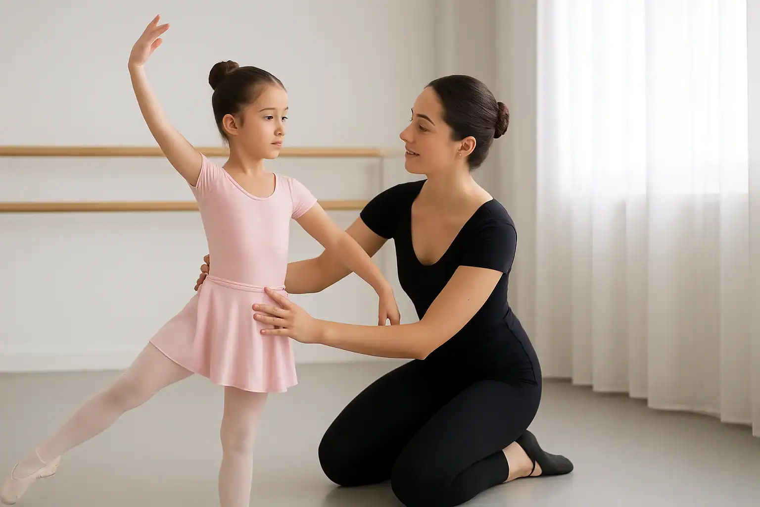 Child in ballet attire practicing a pose in a bright studio, representing ballet training at AGDA in Singapore