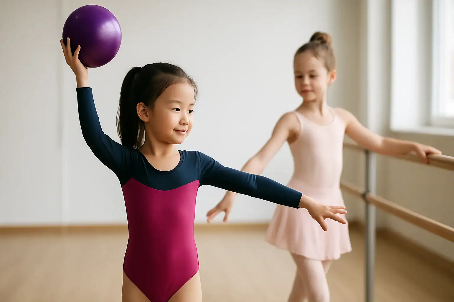 Children practicing rhythmic gymnastics with colorful ribbons in a bright, welcoming studio at AGDA