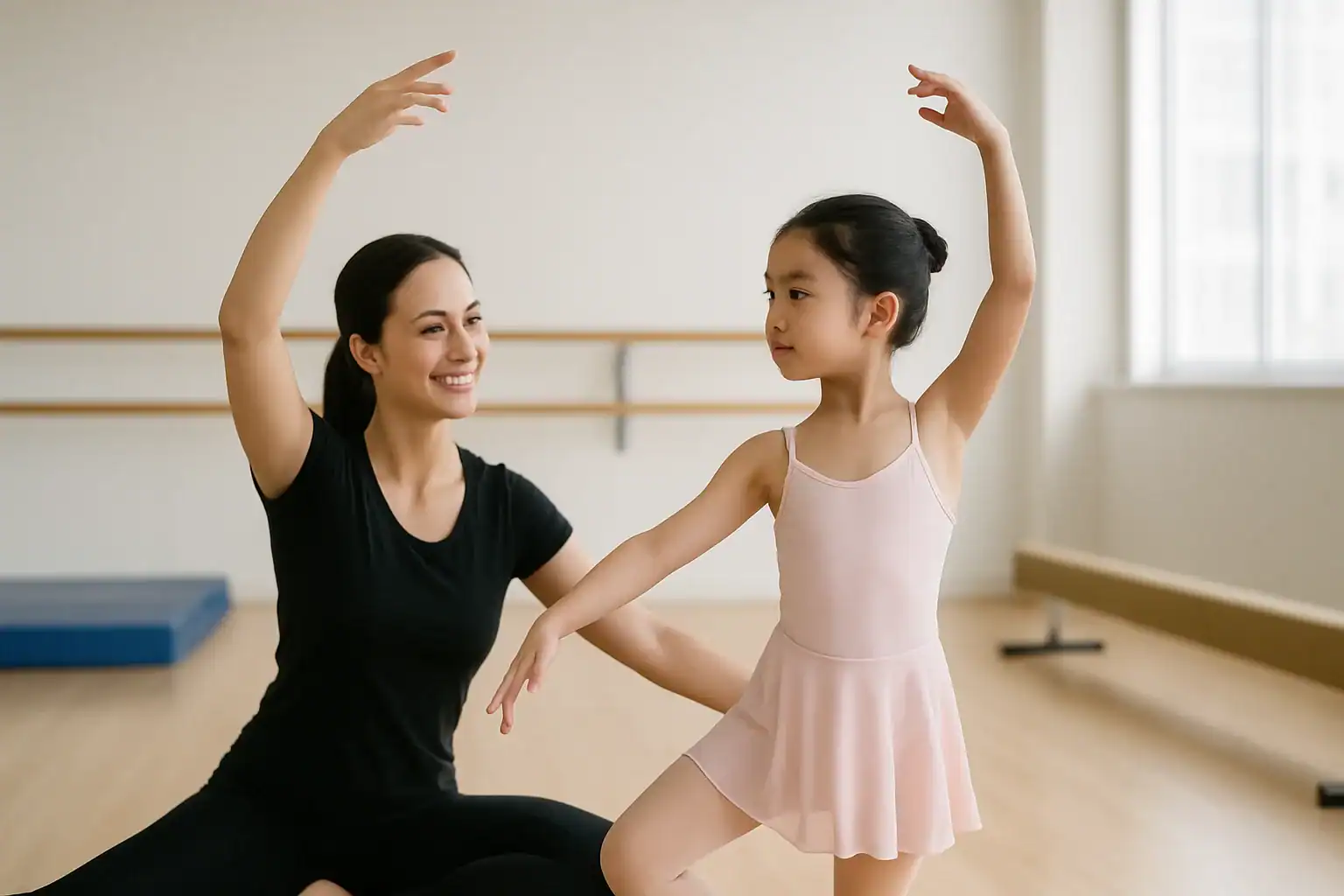 A child in ballet attire practicing a pose, symbolizing ballet training options at AGDA in Singapore